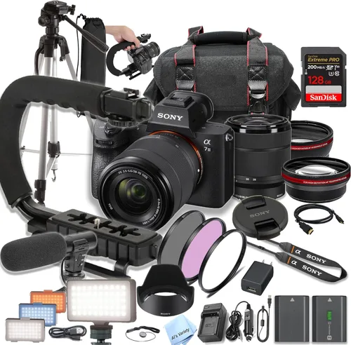 Sony Cámara sin espejo A7 III con tarjeta de velocidad extrema de 1.102-2.756 in + 128 GB, agarre en U, micrófono, luz de video LED, batería de