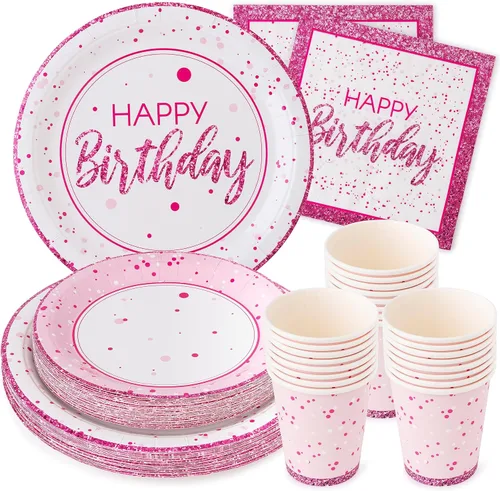 Royal Bluebonnet Platos de cumpleaños color rosa intenso, juego de 24 platos, servilletas y tazas de 9 y 7 pulgadas, suministros para fiesta,