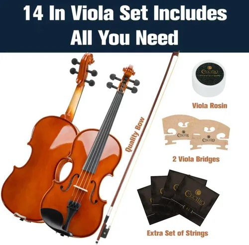 Miniatura 6 de Mendini by Cecilio Juego de viola de madera maciza de 14 pulgadas para principiantes, kit de viola acústica tallada a mano con estuche rígido, arco