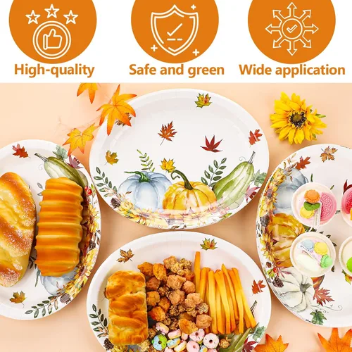 Miniatura 4 de Qyeahkj 50 platos de papel ovalados de Acción de Gracias, grandes, 11 pulgadas, desechables, hojas de otoño, decoraciones de fiesta, acuarela