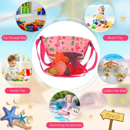 Miniatura 6 de Saintrygo 30 bolsas de playa de malla para niños, juguetes de arena, bolsas de conchas a granel coloridas con correa ajustable (estilo lindo)