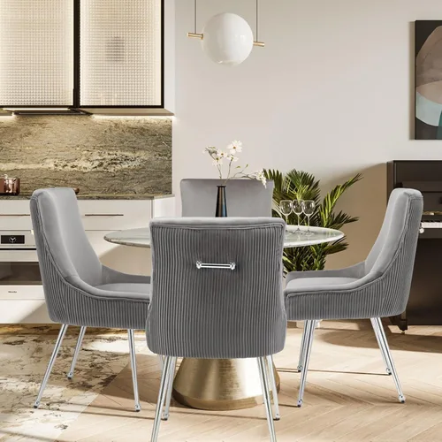 Miniatura 2 de adochr Juego de 6 sillas de comedor de terciopelo con patas de metal plateado, moderna silla de cocina tapizada con asa y respaldo plisado, silla