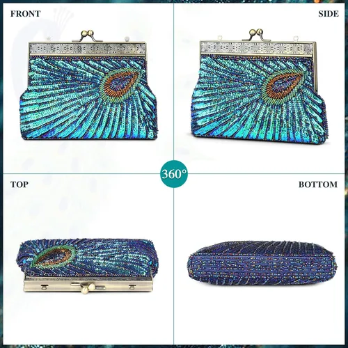 Miniatura 7 de UBORSE Bolsos de embrague de noche de pavo real con lentejuelas con cuentas Bolso de noche vintage Bolso de boda de fiesta de 1920