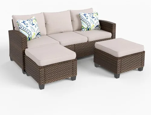 Miniatura 9 de Juego de Muebles de Patio Pequeño, Juego Seccional de Exterior de Mimbre de 3 Piezas, Juego de Sofá de Patio en Forma de L, Juego de Conversación