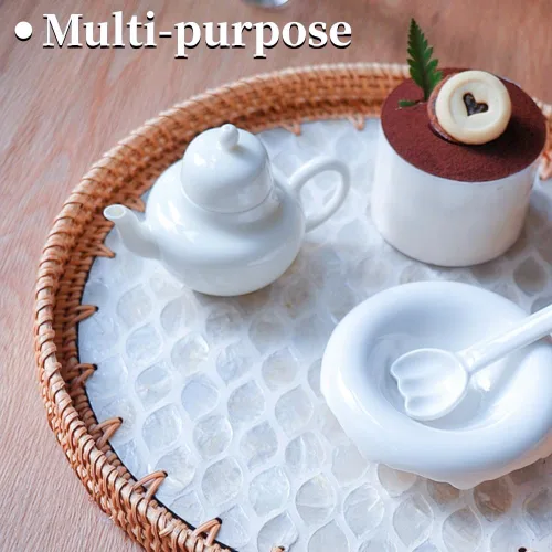 Miniatura 3 de Mesa auxiliar pequeña de ratán/mesa de centro redonda para espacios pequeños, mini mesa de centro moderna con bandeja de diseño de concha, mesas