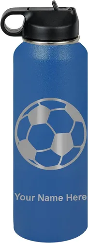 Miniatura 24 de LaserGram Botella de agua personalizada, pelota de fútbol, acero inoxidable de doble pared aislada al vacío con popote superior, regalo grabado