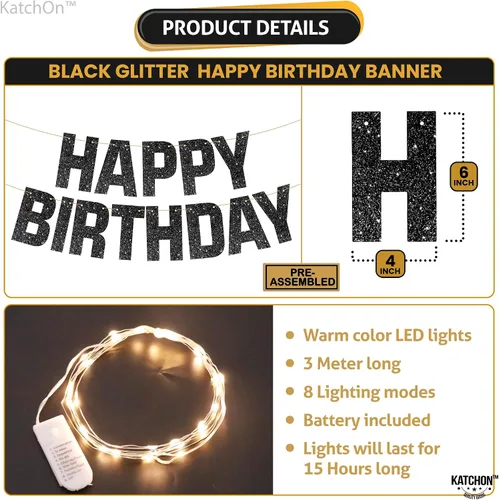 Miniatura 2 de KatchOn, Cartel de feliz cumpleaños negro con purpurina iluminada – Prestrung, 10 pies Letrero iluminado de feliz cumpleaños Decoraciones