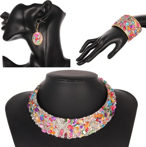 Miniatura 3 de 3 unids collar de diamantes de imitación de piedra de colores conjuntos de collar de metal dorado para mujeres babero gargantillas collares collares