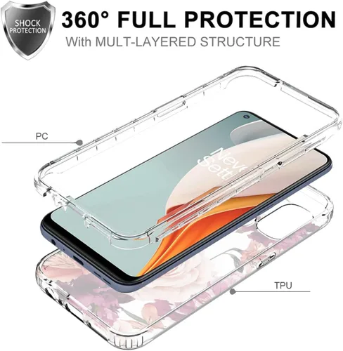 Miniatura 3 de Funda para OnePlus Nord N100 BE2013 con protector de pantalla de vidrio templado, lindo patrón floral transparente de cuerpo completo protector