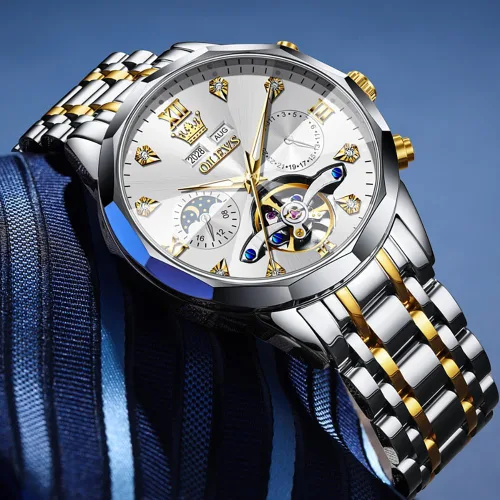 Miniatura 46 de OLEVS Reloj de pulsera automático con diseño de esqueleto para hombre, de lujo, con diamantes de lujo, de acero inoxidable, calendario, reloj