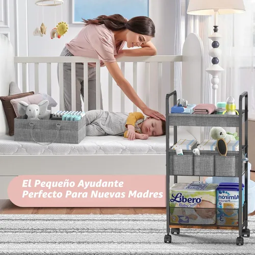 Miniatura 4 de LIDTOP Carrito de pañales 2 en 1 y carrito de pañales rodante de 3 niveles, carrito organizador de pañales con divisores, carrito móvil de metal