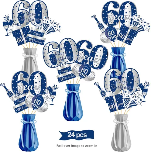 24 decoraciones de mesa de cumpleaños de color azul y plateado para hombres, incluye 24 cartones patrones, 24 varillas, 30 puntos adhesivos