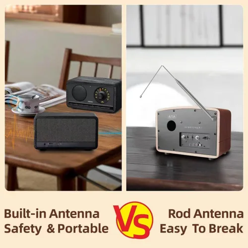 Miniatura 4 de Radio FM Portátil con Bluetooth, Altavoz Soporta SD, AUX, Cuero PU, Radio Recargable de 2600mAh para Cocina y Sala de Estar con Botón Giratorio