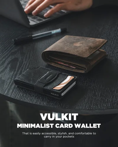 Miniatura 5 de VULKIT Billetera desplegable para tarjetas con correa de dinero, bolsillo frontal de cuero, con ventana de identificación, bloqueo RFID, funda