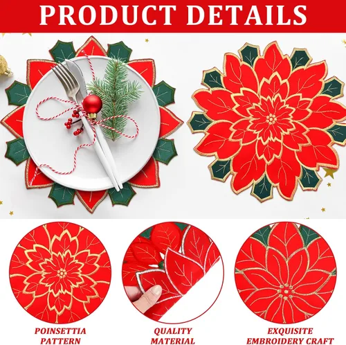 Miniatura 5 de Ziliny 6 manteles individuales bordados de flor de pascua de Navidad de doble capa, manteles individuales bordados con flores rojas, apliques