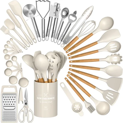 Miniatura 10 de Umite Chef Juego de Utensilios de Cocina de Silicona, 34 Piezas Gadgets y Herramientas de Cocina Resistentes al Calor con Rallador, Mangos de Madera