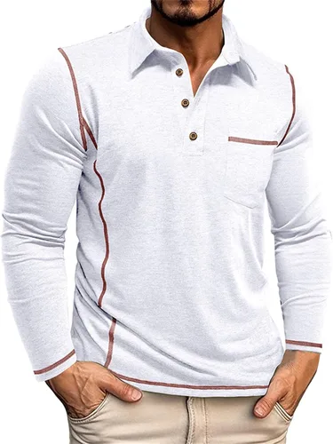 Miniatura 9 de Polo para hombre, manga larga, cuello clásico, algodón, botón básico, elegante, con bolsillo en el pecho