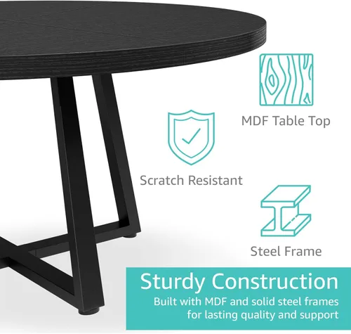 Miniatura 8 de NUTIKAS Mesa de comedor redonda de 42 pulgadas para 4, moderna mesa de cocina de grano de madera negra con patas cruzadas de metal, mesa de comedor