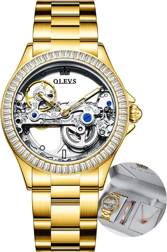 Miniatura 7 de OLEVS Reloj de mujer con diseño de esqueleto, mecánico automático, plateado, de lujo, impermeable, luminoso, conjunto de regalo