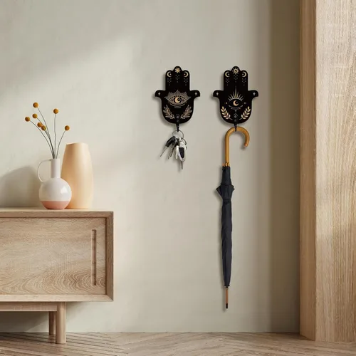 Miniatura 4 de AHANDMAKER Juego de 2 soportes para llaves de mano Hamsa, ganchos de pared con texto de adivinación para decoración de llaves de pared, colgador