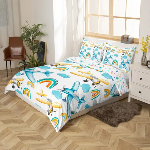 Miniatura 2 de Erosebridal Funda de edredón de avión tamaño individual, juego de ropa de cama de aviones de dibujos animados para adolescentes, color verde azulado