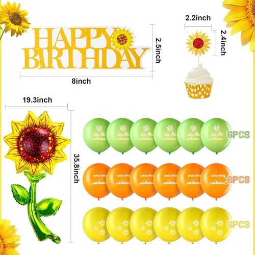 Miniatura 2 de Tenare La decoración de fiesta de cumpleaños de girasol incluye pancarta de girasol, 4 globos de aluminio amarillos, 18 globos de látex, 13 adornos