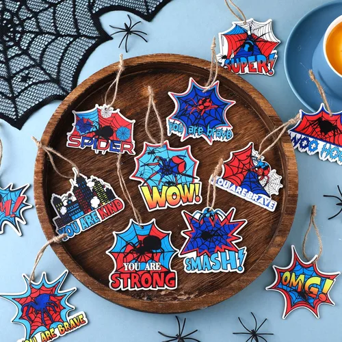 Miniatura 2 de Yookeer 24 adornos de araña, adornos de madera de telaraña roja y azul, con cuerda colgante, decoración de fiesta de héroe para árbol y decoración