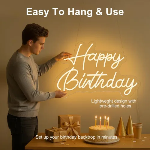 Miniatura 3 de Letrero de neón de feliz cumpleaños, 22 x 16.9 pulgadas, grande, blanco cálido, regulable, luz LED, telón de fondo de neón para decoración de pared