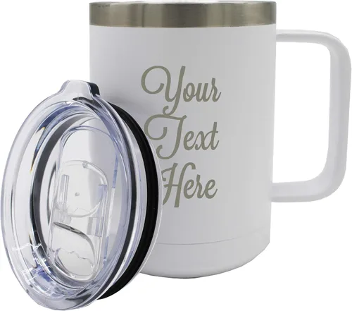 Miniatura 20 de My Personal Memories Taza de café personalizada con aislamiento de 15 onzas con asa y tapa, monograma y grabado con tu texto (negro)