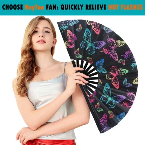 Miniatura 14 de HeyToo Ventilador de mano grande para mujeres/hombres, con brillo UV, para Drag Queen, cosplay, EDM, club, fiesta, música, festival, baile, Cuadrado