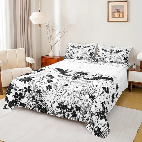 Miniatura 14 de Erosebridal Juego de sábanas tamaño individual con estampado de luna, diseño de flores de loto, color morado degradado, juego de sábanas orientales
