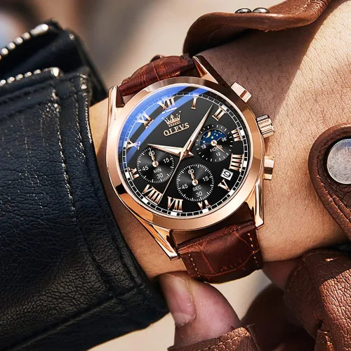 Miniatura 3 de OLEVS - Reloj de pulsera de cuero para hombre, analógico de cuarzo, cronógrafo de lujo con fecha, impermeable, luminoso - Estilo de vestir