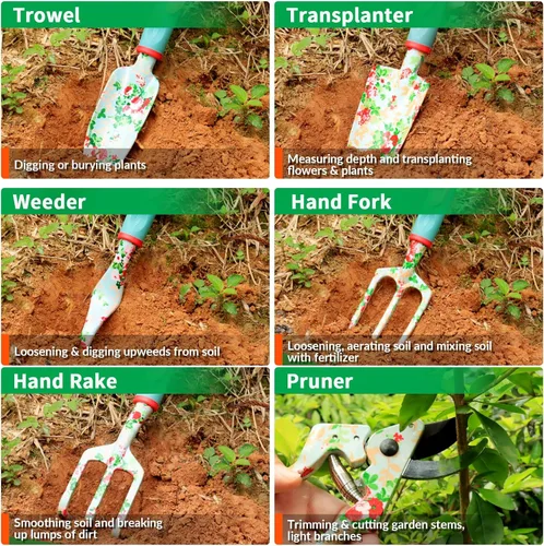 Miniatura 7 de Juego de Herramientas de Jardín WANCHI de 10 Piezas de Servicio Pesado Juego de Herramientas de Jardín Florales Regalos de Jardinería para Mujeres