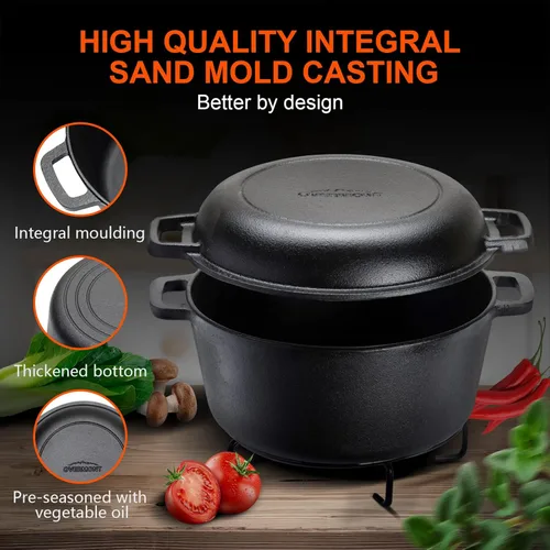 Miniatura 8 de Overmont Olla holandesa 2 en 1 de hierro fundido pre-curada con tapa de sartén para inducción, eléctrico, parrilla, cocina, barbacoa, campamento