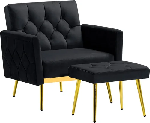 Miniatura 8 de Silla decorativa de terciopelo con reposabrazos y respaldos ajustables, sofá individual copetudo con otomana, silla de lectura tapizada para sala