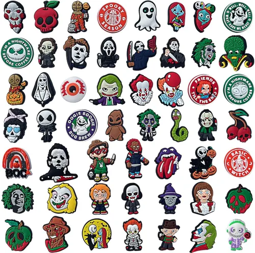 53 dijes de zapatos de película de terror de Halloween para zapatos tipo zueco y dibujos animados para adolescentes, niños, niñas, hombres y
