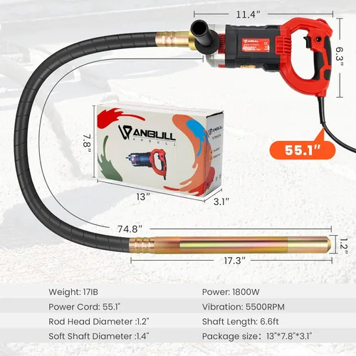 Miniatura 6 de Anbull 1800W Vibrador de hormigón 110V, Vibrador eléctrico de mano de 2M 5500RPM, agitador de botellas de 35mm, vibrador de cemento portátil