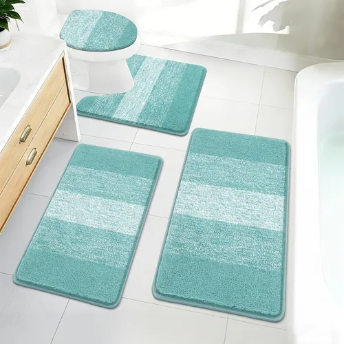 Miniatura 44 de Bsmathom Juego de 4 alfombras de baño, alfombras de baño de microfibra suave y absorbente con alfombra de contorno en forma de U para inodoro y Azul