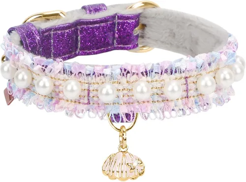 Miniatura 8 de Collar Premium de Cuero PU para Gato y Perro con Colgante de Concha - Ajustable, Perla Linda, Encaje Hermoso, Rosa Pequeña