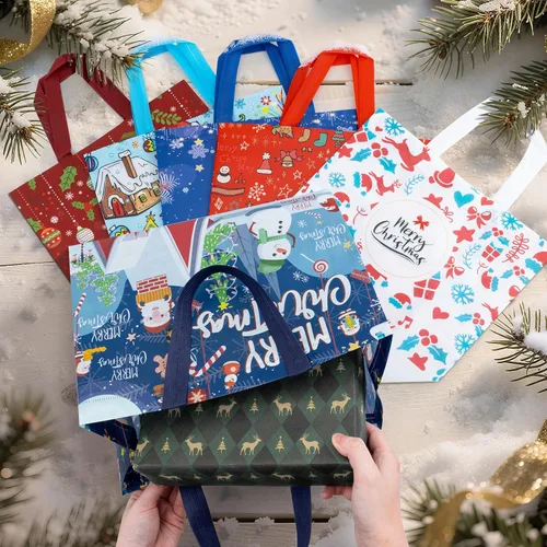 Miniatura 6 de Iioscre 8 piezas bolsas grandes de regalo de Navidad con asas, bolsas reutilizables no tejidas para regalos navideños, 12.8 x 9.8 x 6.7 pulgadas