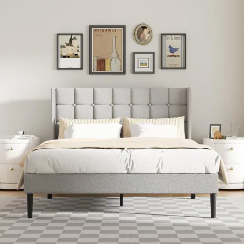 Miniatura 10 de Base de cama tamaño matrimonial con cabecera con respaldo de ala, base de cama tapizada de lino con cabecera capitoné con botones, soporte