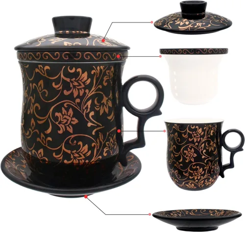 Miniatura 13 de Taza de té de porcelana con tapa de infusor y juegos de platillos – Taza de café de cerámica china Jingdezhen Taza de té de hoja suelta Sistema