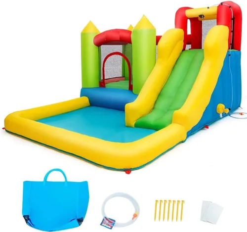 Miniatura 6 de OLAKIDS Tobogán acuático inflable, 4 en 1 casa de rebote para niños, parque acuático con área de salto de tobogán, pared de escalada, carrera