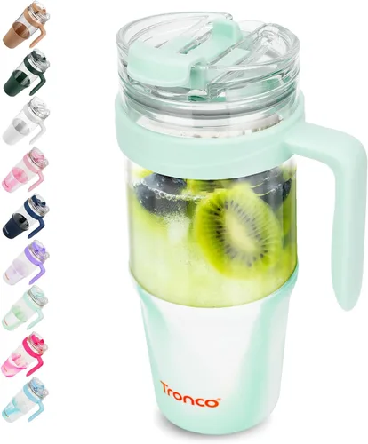 Miniatura 14 de Tronco Vaso de vidrio de 32 onzas con asa, popote y tapa de bambú, cabe en el soporte para tazas, taza de batido de café helado, sin BPA, apto