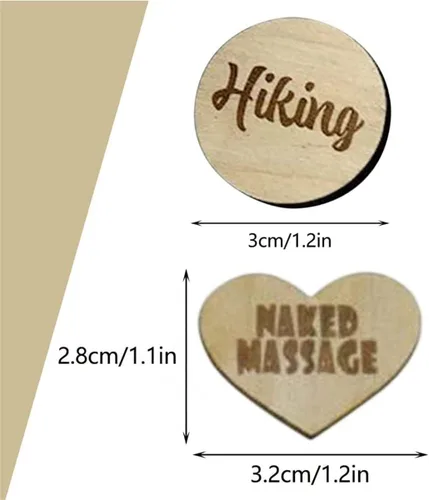 Miniatura 2 de Thyggzjbs 20 fichas de actividad nocturna para citas, divertidos tokens sexuales románticos de madera para parejas (forma de corazón, paquete de 3)