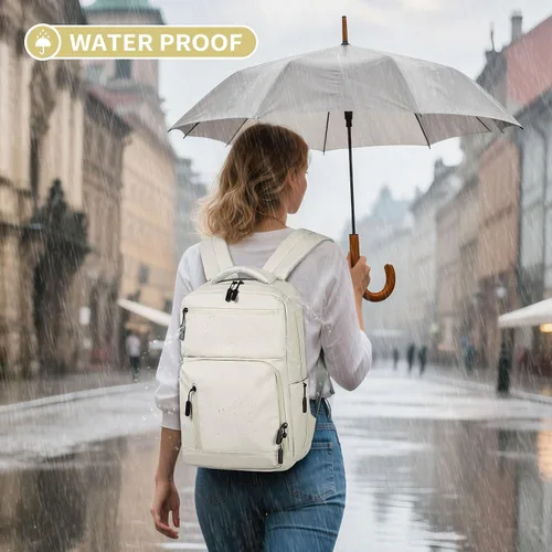 Miniatura 2 de Mochila impermeable para portátil para hombres y mujeres, aprobada para vuelos, antirrobo, con funda para portátil de 15.6 pulgadas (Beige)