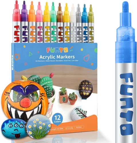 Funto Bolígrafos de pintura acrílica para pintura roca, tela, madera, lienzo, metal, cerámica, vidrio, juego de marcadores de pintura de 12 colores,