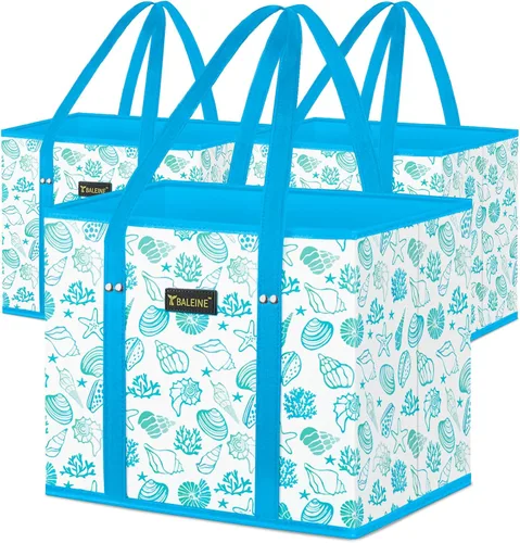 Miniatura 36 de BALEINE Paquete de 3 bolsas reutilizables para comestibles, bolsas de compras plegables para comestibles con parte inferior reforzada y asas