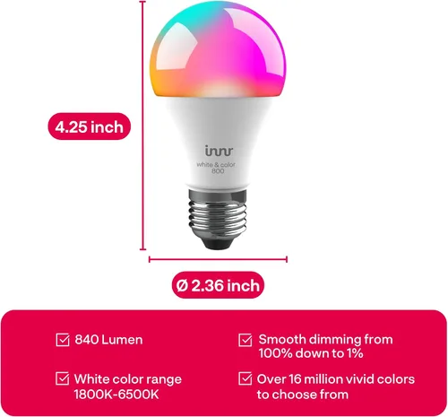 Miniatura 9 de innr - Bombilla inteligente Zigbee A19, funciona con Hue*, Alexa, SmartThings (se requiere hub), luz blanca y de color, bombilla LED E26, bombilla