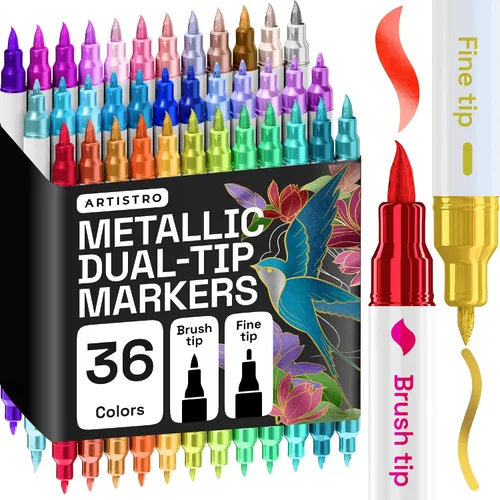 Miniatura 28 de ARTISTRO 5 marcadores de pintura acrílica negra, bolígrafos de pintura de doble punta + pincel fino ideal para caligrafía, perfectos para tela
